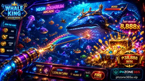 PH365 fishing scene with a gold-and-cobalt cannon tracking a breaking school in deep blue water
