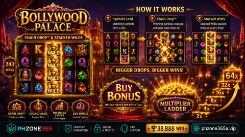 PH365 slot scene centered on a luminous cobalt and gold wheel in motion